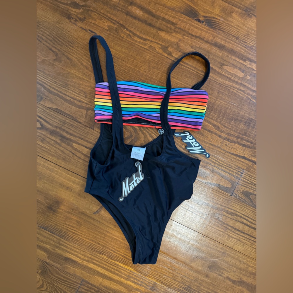NWT xs Motel Black Rainbow Colorful Women's Suspender Bikini Bandeau Dolls Kill